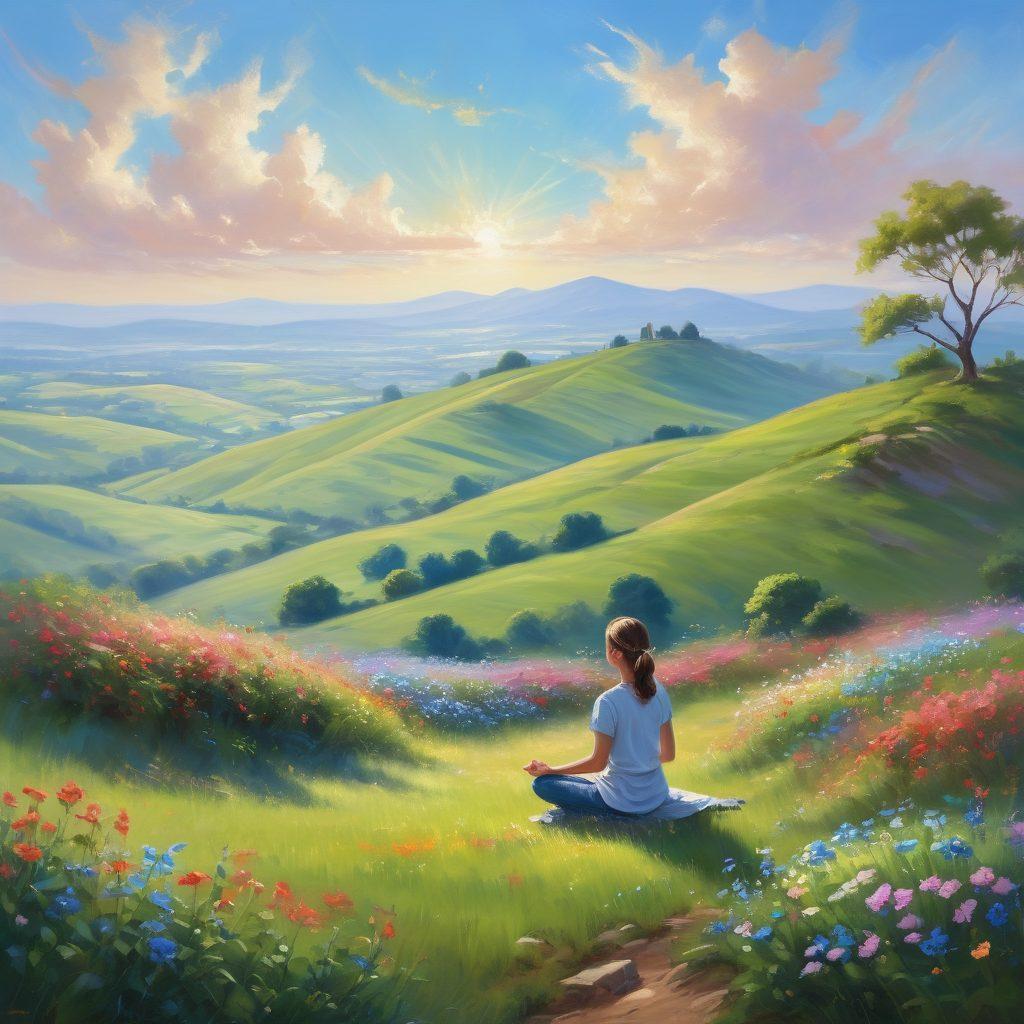 A serene landscape featuring a person meditating on a hilltop under a bright blue sky, surrounded by blooming flowers symbolizing hope and positivity. Soft sunlight illuminates their peaceful expression, while gentle breezes carry colorful butterflies around them. In the distance, lush green hills fade into a calm horizon, evoking a sense of tranquility and mindfulness. paint in impressionist style.