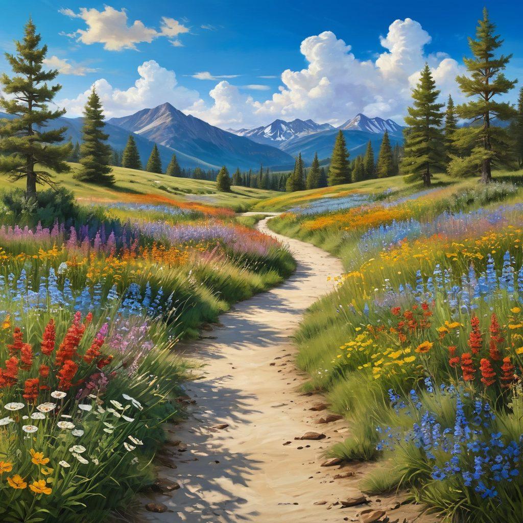 A serene landscape featuring a sunlit path through a vibrant meadow filled with colorful wildflowers. Along the path, a diverse group of joyful individuals are engaged in uplifting activities like yoga, painting, and laughter. The background showcases a clear blue sky with fluffy clouds, symbolizing peace and happiness. A gentle stream flows nearby, adding to the tranquil atmosphere. The overall image exudes warmth and positivity. super-realistic. vibrant colors. peaceful setting.