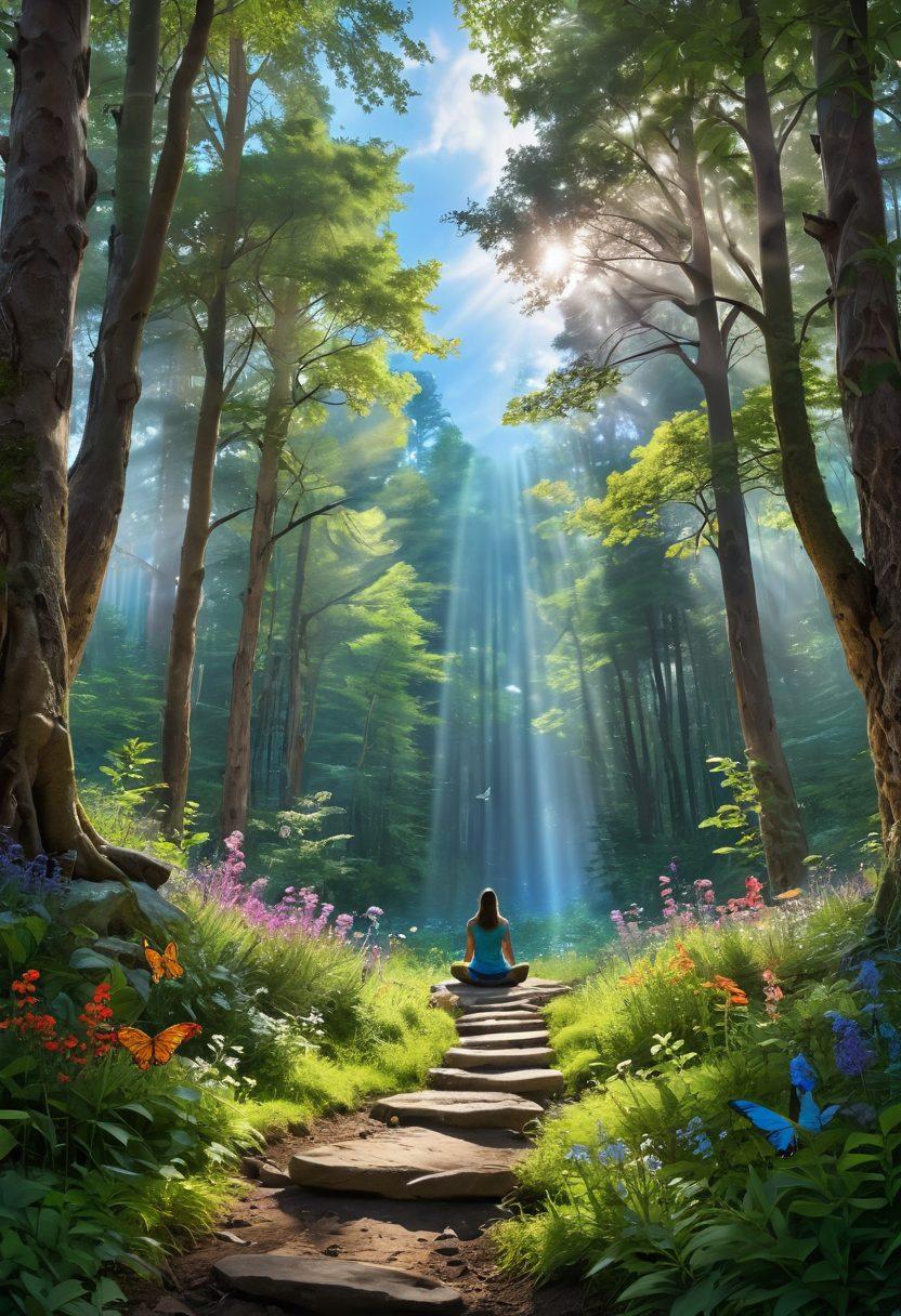 A serene path winding through a lush green forest, filled with rays of sunlight filtering through the trees. On one side, a person meditating peacefully on a rock, surrounded by colorful wildflowers, symbolizing personal growth and happiness. The other side features vibrant butterflies fluttering, representing transformation and positivity. The sky is a brilliant blue with soft, fluffy clouds. super-realistic. vibrant colors. tranquil mood.
